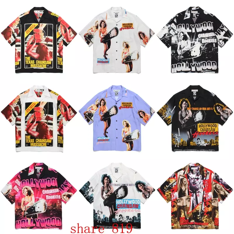 Kettensäge Lady Print Serie Y2k Shirt Männer Frauen hochwertige lose Hawaii Kurzarm Japan