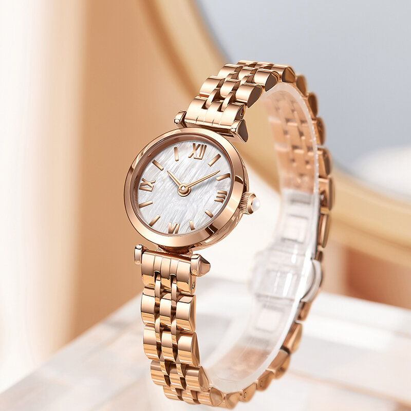 Relógio de pulso em aço inoxidável feminino, ouro rosa, relógios quartzo feminino, elegante e criativo, design elegante, 2023