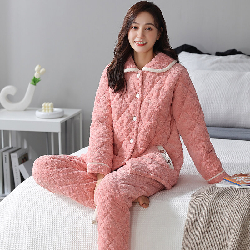 Inverno feminino pijamas ternos grosso quente três camadas de algodão feminino pijamas cardigan confortável macio M-3XL feminino homewear