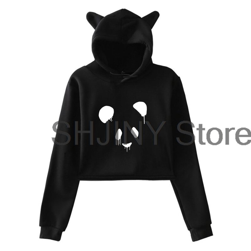 Deorro-Hoodie feminino com orelhas de gato, pulôver com logotipo panda, top crop manga comprida, streetwear, roupas femininas