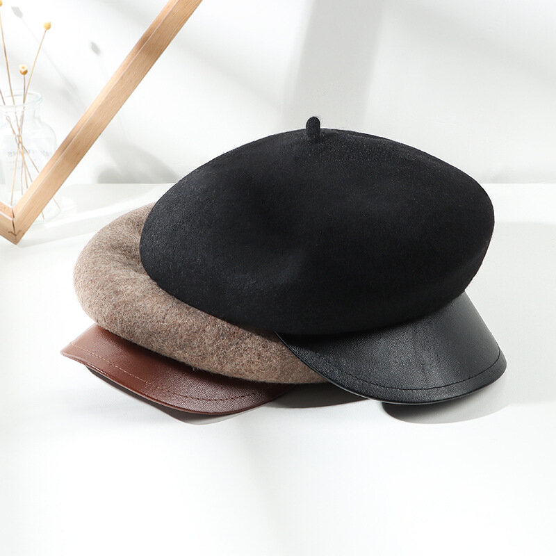 Cappello retrò berretto femminile PU Patchwork colore grondaia in pelle giapponese cappello ottagonale in lana invernale berretto di lana britannico donna