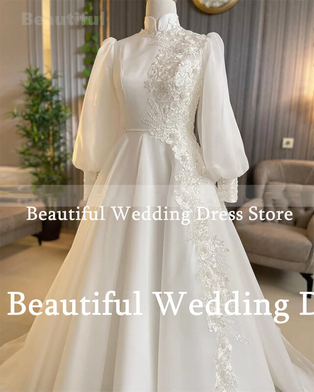 Muslim Wedding Dress For Women New Simple High Neck Lace Appliques Long Sleeves A-Line Floor-Length Vestidos Arab Bridal Gown