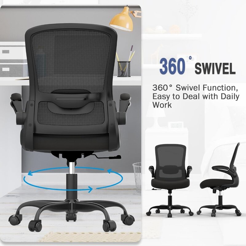 Kursi kantor, kursi meja ergonomis dengan penyangga pinggang dapat disetel, kursi komputer jaring punggung tinggi dengan sandaran tangan lipat