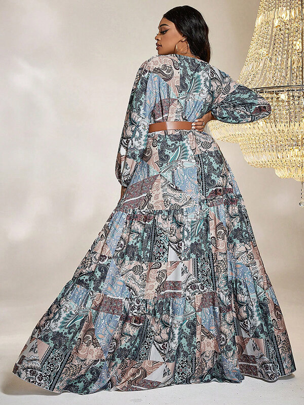 TOLEEN 여성용 우아한 보헤미안 패션 플러스 사이즈 패치워크 프린트 랜턴 슬리브, 프릴 밑단 긴 드레스, 벨트 포함, 2024 여름 신상