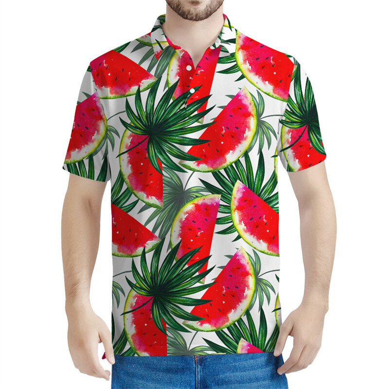 남녀공용 컬러풀 수박 패턴 폴로 셔츠, 하라주쿠 반팔 티, 하와이안 3D 프린트 과일 티셔츠, 여름