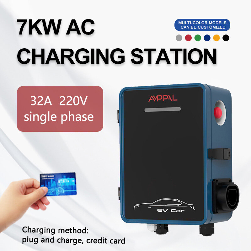 AMPPAL Wallbox EV Charger Type 2 1 Phase 7kw Wall Mount Electric Vehicle Charging Station Swipe to Start with RFID