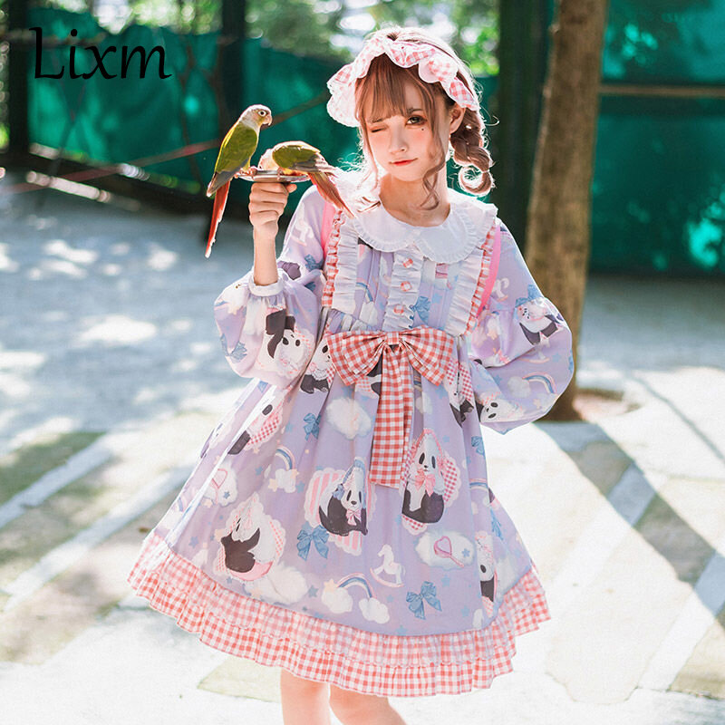 Kawaii Cute women's Lolita Dress Cartoon Panda Print Sweet Party Harajuku maniche lunghe Doll Dress Fairy Kawaii Lovely Vestidos