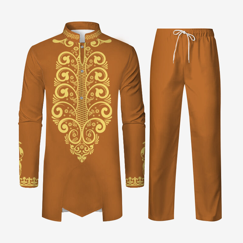 Moslim Gewaad Heren 2 Stuks Afrikaanse Outfits Past Bij Mannen Afrikaanse Traditionele Luxe Patroon Lange Mouw Dashiki Shirt & Broek Set
