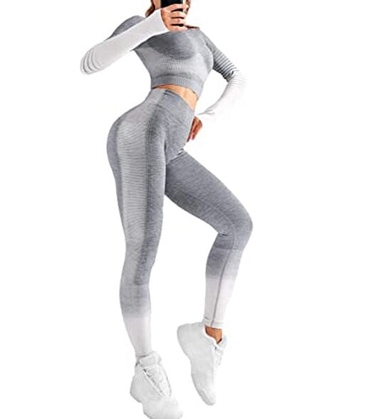 Contoh gratis set olahraga wanita 2 potong pakaian Fitness Yoga baju olahraga Legging Crop Top pakaian Gym