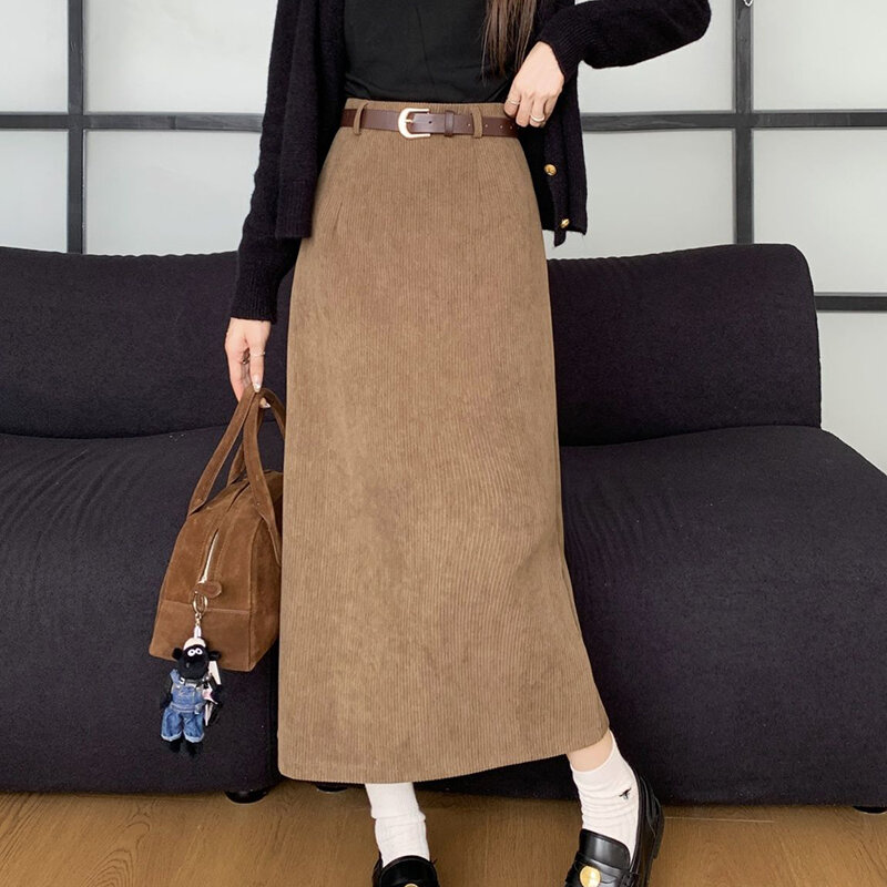 ROK high waist ผ้าลูกฟูกสไตล์ย้อนยุคสำหรับผู้หญิงกระโปรงทรงเอ2024แฟชั่นใหม่สำหรับฤดูหนาว