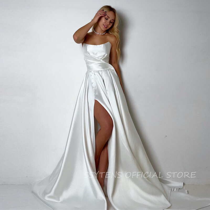 Sexy Wedding Dresses Satin Strapless Vestidos De Novia Long High Side Slit White Dress for Women Elegant Bridal Party Gowns