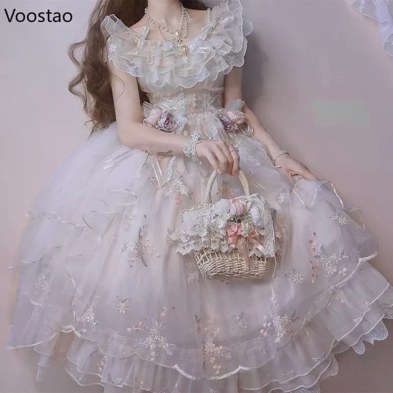 Vittoriano Retro Lolita Jsk Dress donne giapponesi dolce pizzo ricamo floreale principessa abiti da sposa ragazze Cute Party Vestidos