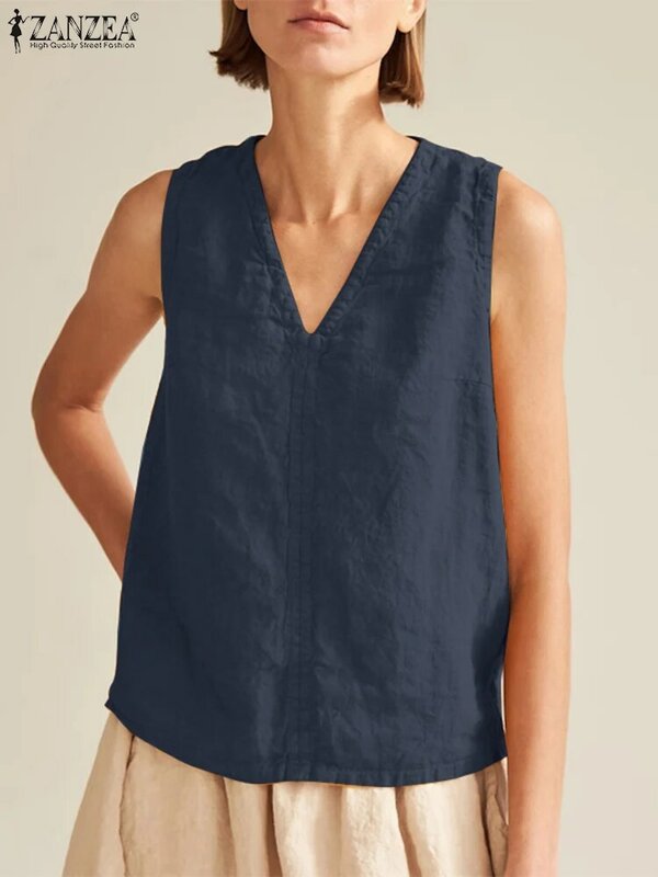 ZANZEA-camisetas sin mangas con cuello en V para mujer, blusa informal elegante, camisa de trabajo lisa para fiesta, 2024