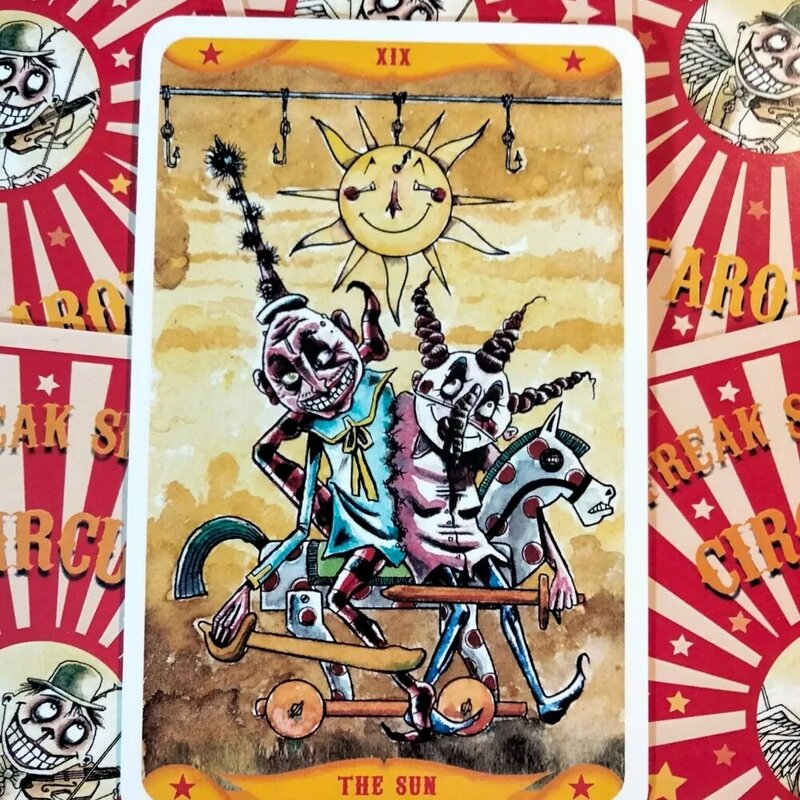 Freak Show cyrk Tarot 78 szt. Karty z przewodnikiem dla początkujących czerwone pozłacane krawędzie dla miłośników tarota kolekcjonerów komiksów 10.3*6cm