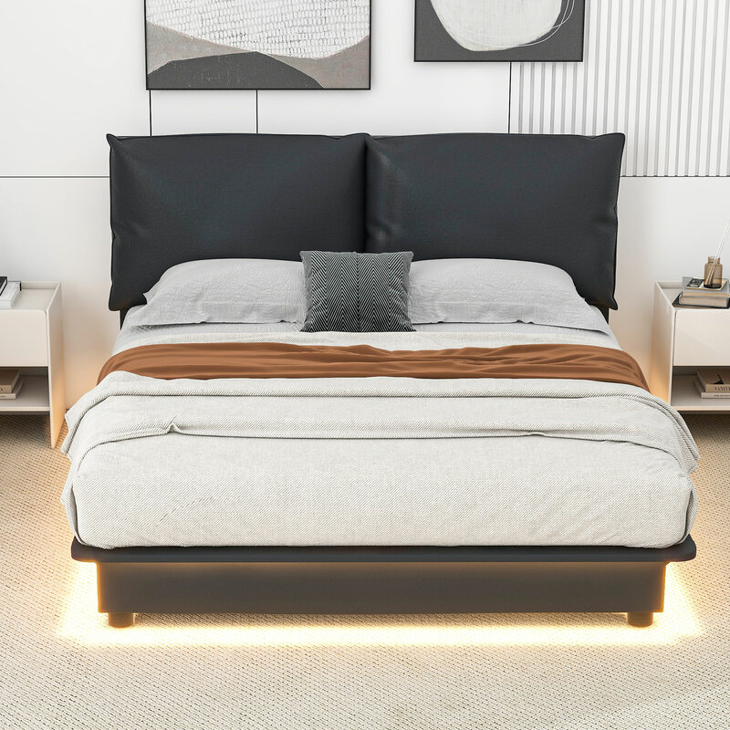 Upholstered Platform Bed with Sensor Light and Ergonomic Design Backrests