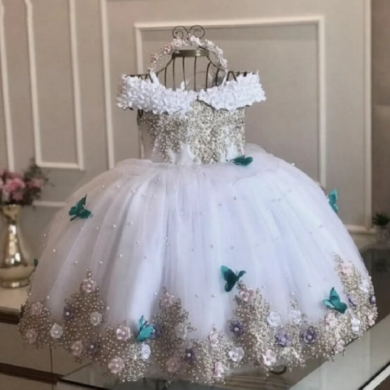 Gaun bayi perempuan biru gaun gadis kupu-kupu mutiara bunga Tulle gaun Tanpa bahu untuk pesta ulang tahun pernikahan gaun Komuni Pertama