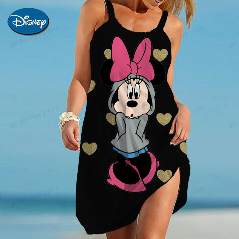 New 3D Digital Printing Suspenders Long Dress AliExpress Disney Mickey Mouse European and American Women's Summer Beach Dress