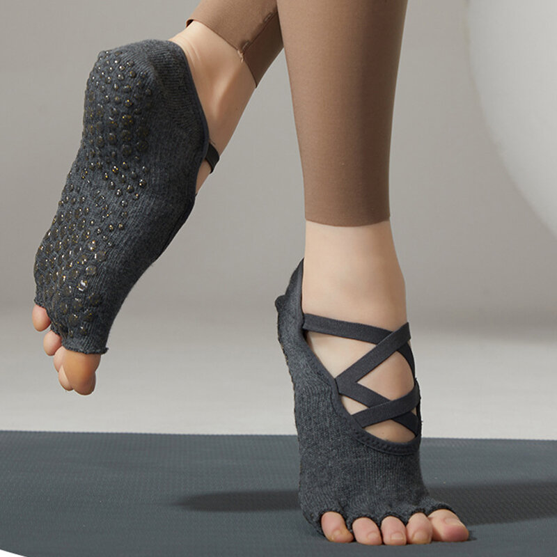 1 Pair Women Professional Five Toe Backless Yoga Socks Cotton Silicone Non-Slip Grips Fitness Pilates Ballet Dance Gym Socks