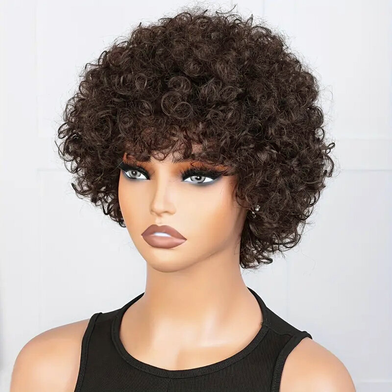 Pelucas Afro rizadas de corte Pixie corto para mujer, peluca Bob hecha a máquina completa, 180% de densidad, cabello humano Marrón con flequillo