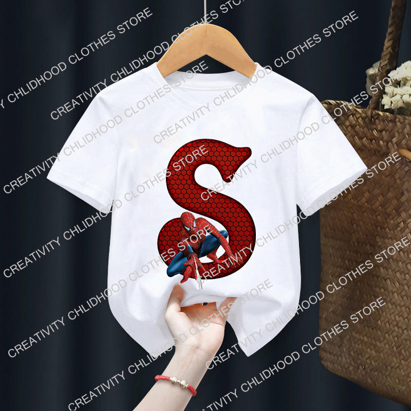 เด็กใหม่เสื้อยืดเด็กผู้หญิงมหัศจรรย์ SpiderMan Letter A-Z Kawaii การ์ตูนเสื้อผ้าเด็กเสื้อเด็กเล็กลำลองแฟชั่น