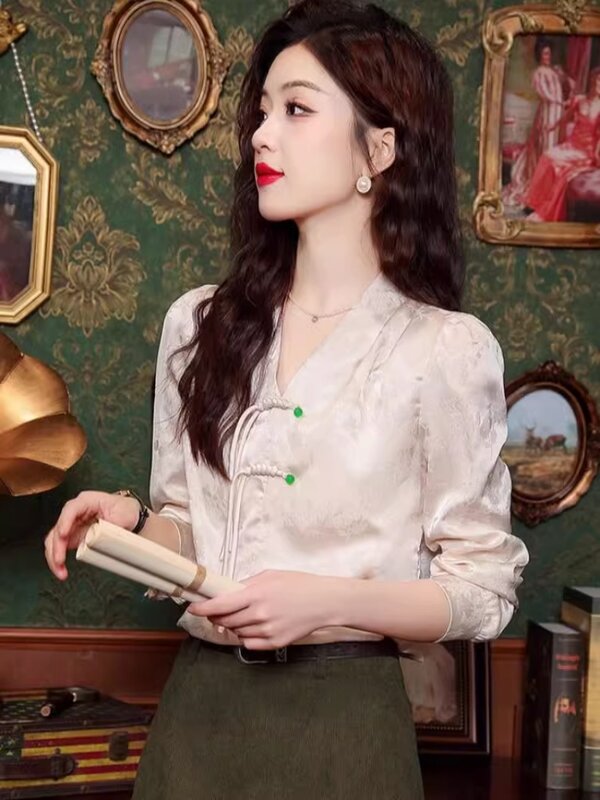 Miiiix New Chinese Style Long Sleeved Chiffon Shirt for Women's 2024 New Spring Fashion V-neck Shirts Top Female Clothing