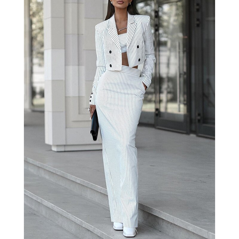 Autumn Women Striped Nothched Collar Double Breasted Blazer Coat & High Waist Maxi Slit Skirt Sets Female Two Pieces Dress Set