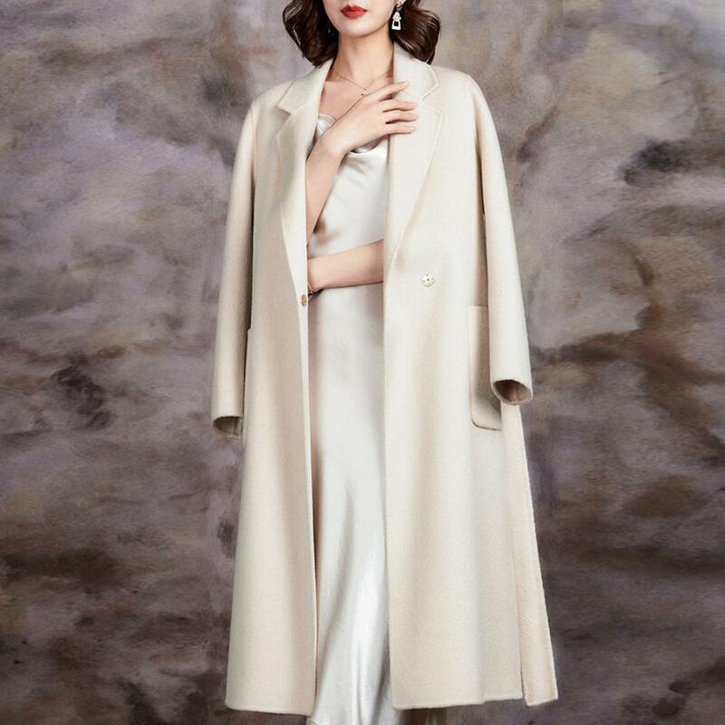 Casaco de lã de comprimento médio feminino, casaco elegante, bolsos de lapela, cinto, moda outwear, outono, inverno