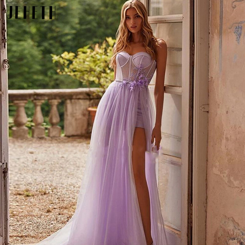 JEHETH Light Purple Tulle Prom Dress Flower Applique High Slit Long A Line Illusion vestidos de fiesta elegantes para mujer 2023