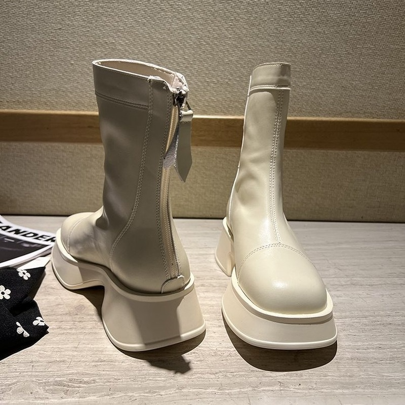 Bottes mi-mollet en cuir souple pour femme, chaussures coréennes à lacets, plateforme, Style britannique, collection automne-hiver 2022