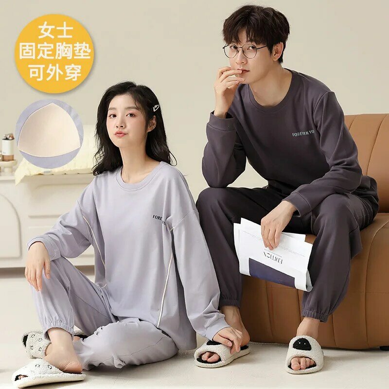 Conjunto de pijama de algodão masculino e feminino, roupa de dormir para casal, tamanho grande, roupa de casa, primavera, novo