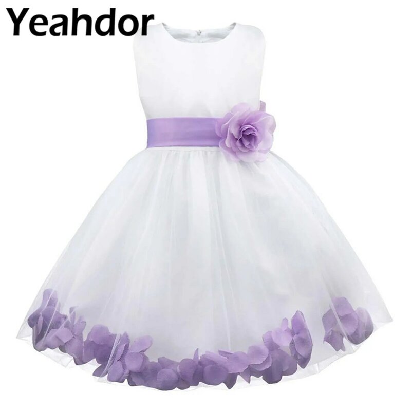 Petals Bow Princess Wedding Formal Pageant Party Flower Girls Dresses Baby Girl 1 Year Birthday Dress Baptism Christening Gown