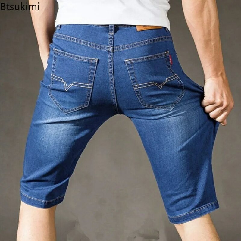 Calça jeans fina e confortável masculina, calça reta casual versátil, jeans solto com elástico alto, jeans curto de grandes dimensões, nova moda verão