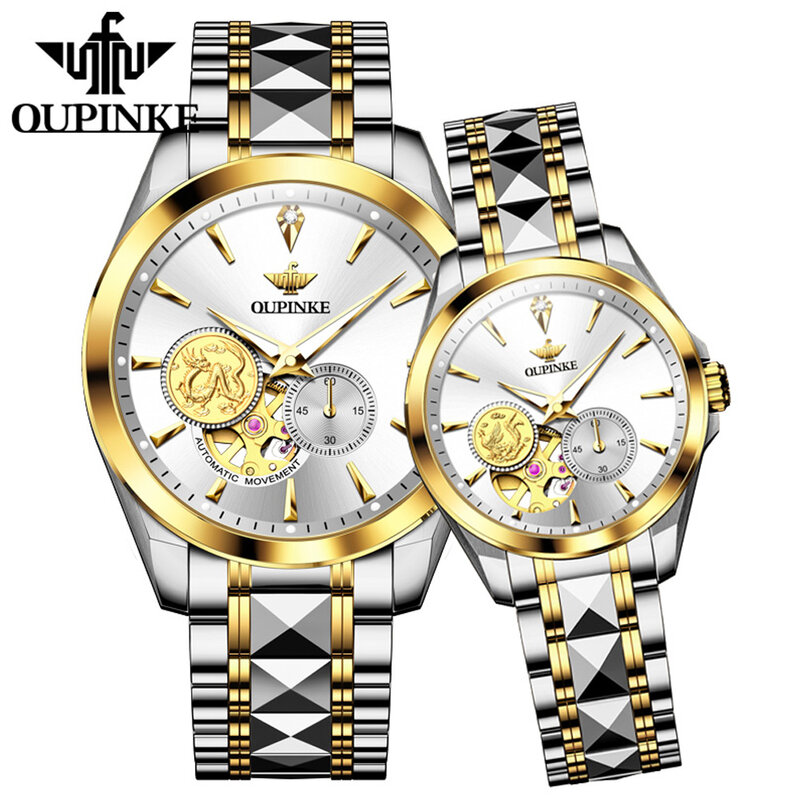 OUPINKE 3260 jam tangan pasangan mekanis asli untuk pria wanita jam tangan gaun asli mewah merek Swiss tahan air