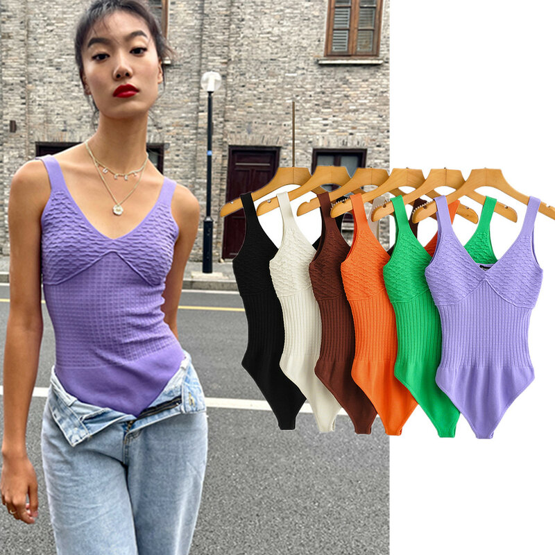Tony & Di Ins-camisetas sin mangas con textura Vintage para mujer, bodys elásticos coloridos para mujer