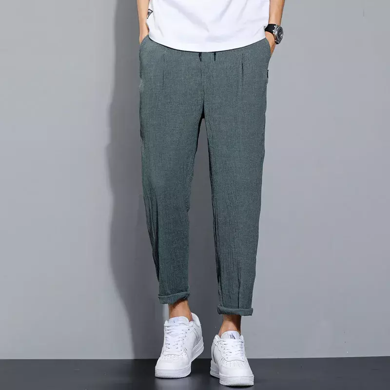 Summer Cotton Linen Men's Trousers Fashion Casual Pants Solid Color Breathable Loose Shorts Straight Pants Streetwear