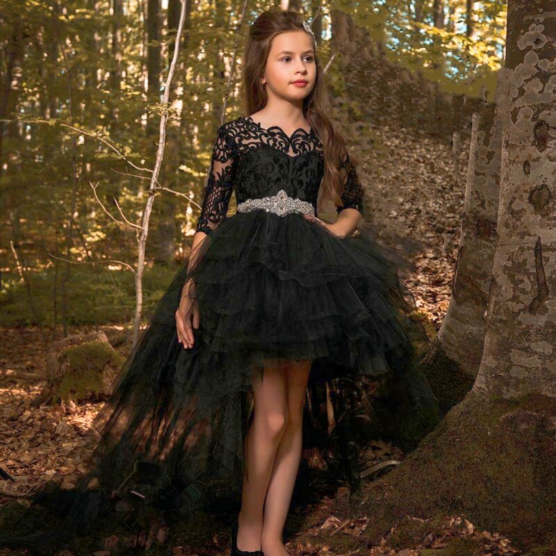 Czarny kwiat z długim rękawem sukienki dla dziewczynek na ślub Crystal Sash koralikowe aplikacje koronkowe korowód suknie dla dziewczynek dzieci suknie