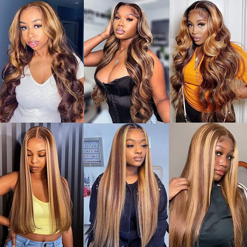 13x4 Ombre Highlight HD Lace Front Wigs Preplucked Honey Blonde Body Wave Human Hair Wigs for Women Transparent Lace Frontal Wig