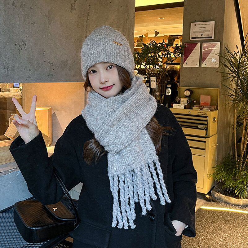 Autumn and winter dopamine knitted tassel scarf women's all-white solid color bib set hat warm thick shawl