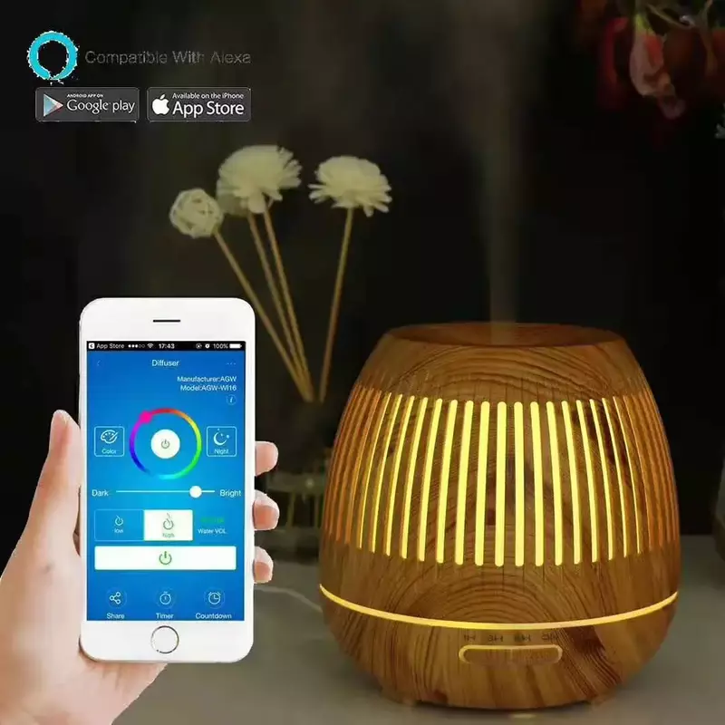 Humidificador de aire inteligente Tuya, difusor de aceites esenciales de aromaterapia con WiFi, 500ml, se conecta con Alexa y Google Home, con 7 colores LED
