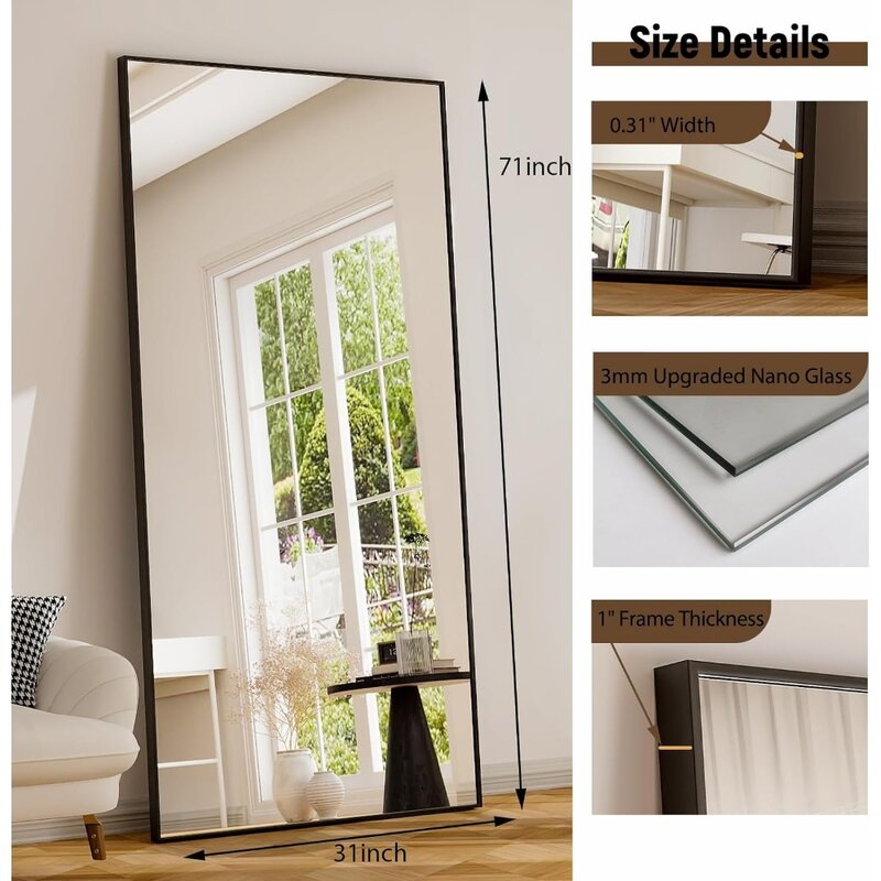 Cermin tipis kamar tidur, 71 "x 31" Panjang penuh ekstra besar menggantung atau bersandar cermin persegi panjang bingkai aluminium Aloi tipis rias lantai