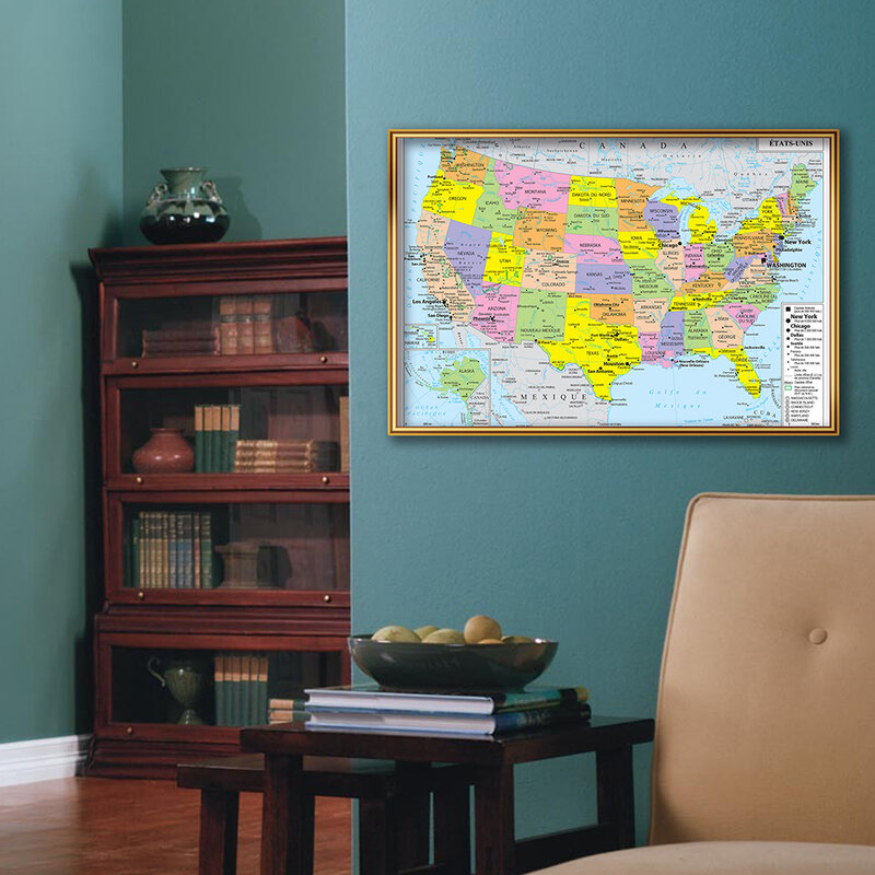 Mapa política de los Estados Unidos con detalles en francés, póster de arte de pared, pintura en lienzo, suministros escolares, decoración del hogar, 59x42cm