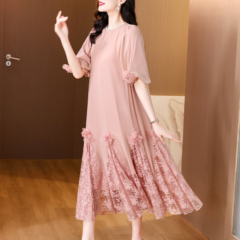 Frauen Luxus Blumen Perlen Stickerei Midi Kleid koreanische elegante lose Maxi kleid Sommer Vintage Chic Party Abend Vestido