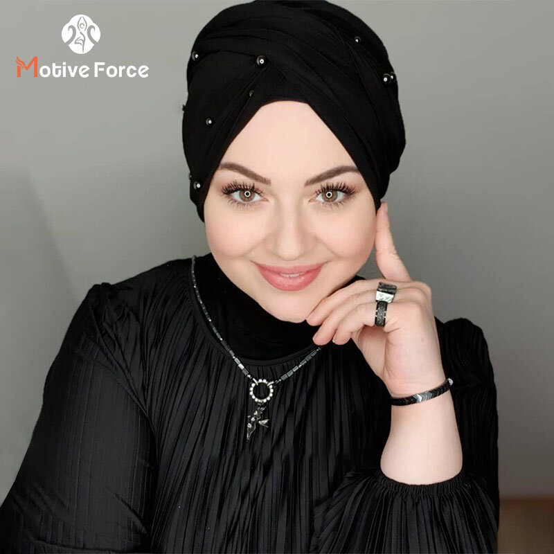 Abaya-Turban noir perlé pour femmes musulmanes, hijab en jersey, écharpe de tête, sous-casquette