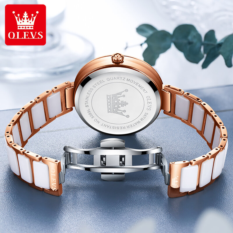 OLEVS-relojes de cuarzo de cerámica para mujer, reloj de pulsera femenino de marca superior de lujo, resistente al agua, con calendario, a la moda