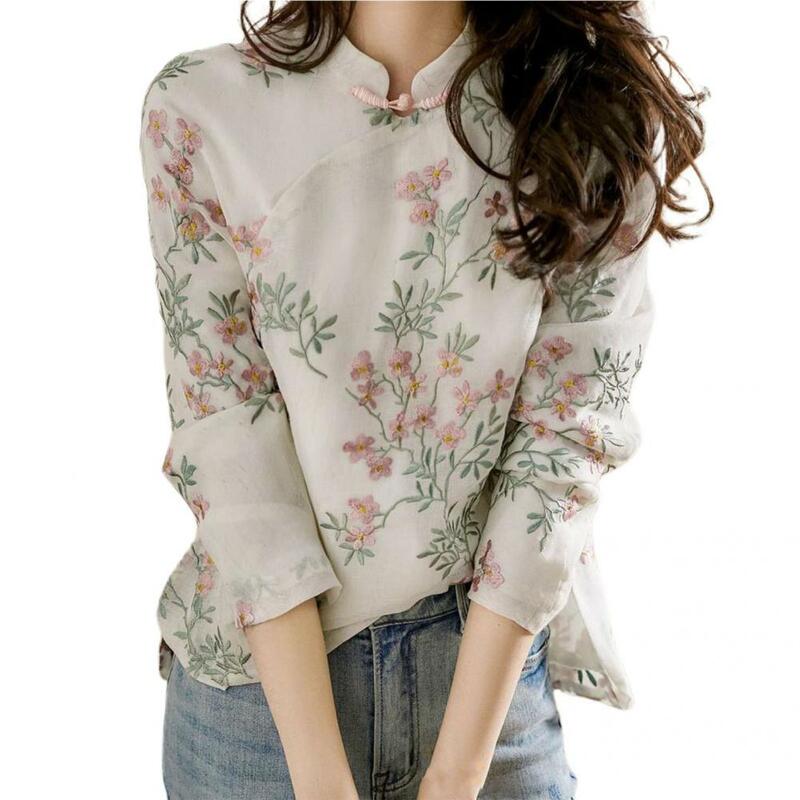 Trendy Women Top Lightweight Spring Blouse Retro Embroidery Leisure Spring Shirt