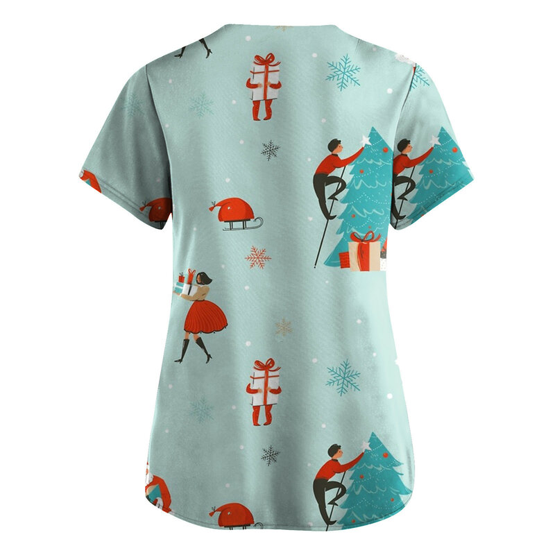 Scrub Tops For Women Fashion Merry Christmas Print Short Sleeve V-neck Tops Working Blouse Shirt Women Clinic Nurse Uniform