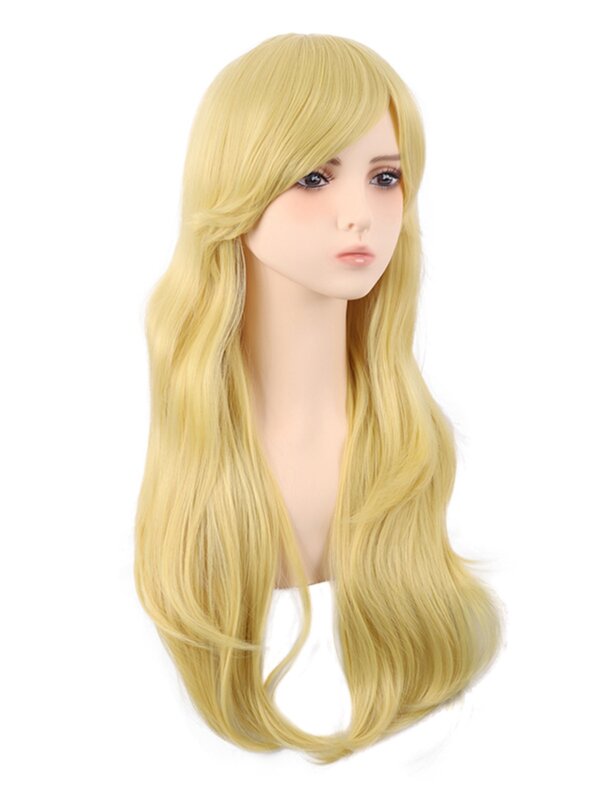 Cos Wig rambut panjang wanita Anime emas Qi, samping poni Universal mikro gulung 70cm tutup kepala