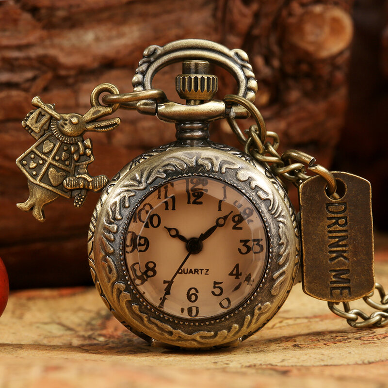 Jam saku kelinci Mini lucu perunggu antik dengan jam liontin hadiah gerakan kuarsa untuk Mlae Kids Relogio Saati