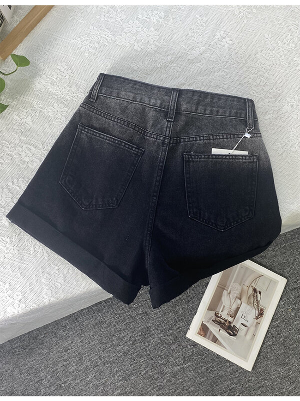 Shorts pretos de cintura alta femininos, shorts vintage largos, calça curta de Harajuku, moda casual, moda verão, Y2k