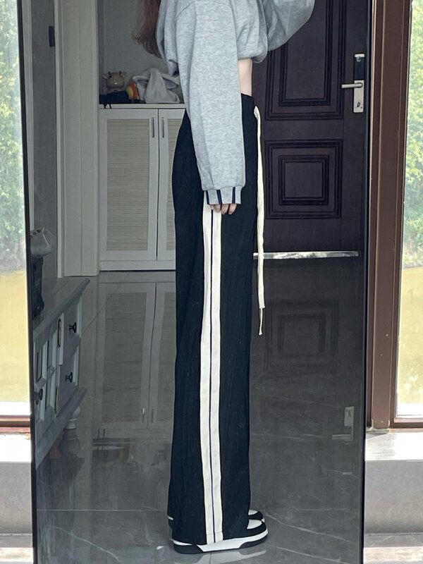 Black Casual Sports Pants For Women In Spring And Autumn, Loose, Straight Thin Wide Leg Pants High Waist Pants